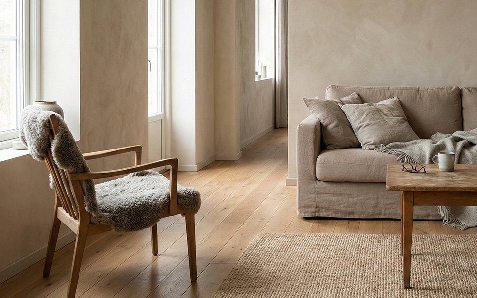 Stue med træ og tekstur